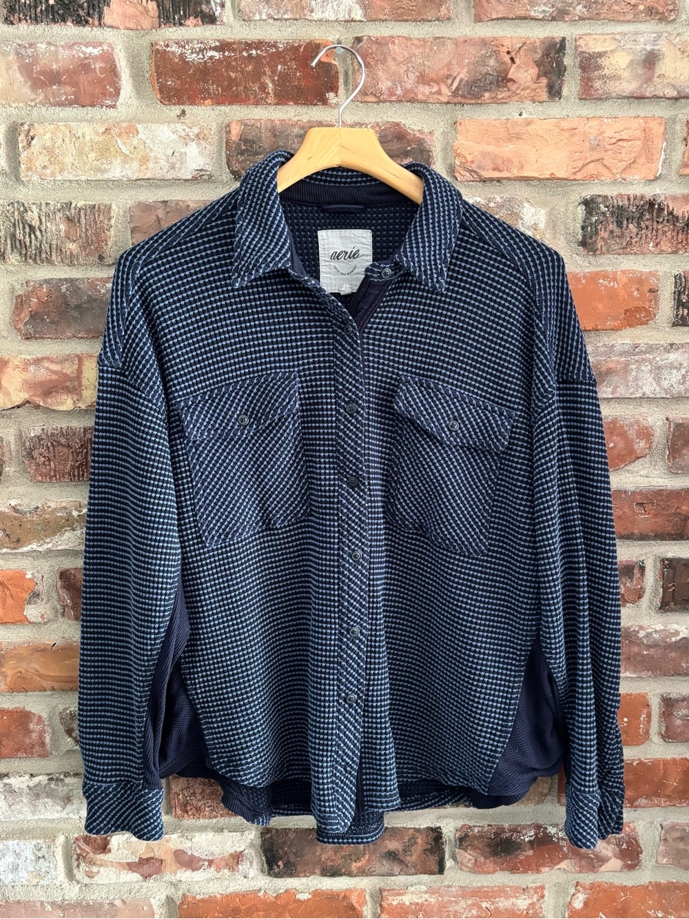 Aerie Blue Lumber Jane Waffle Button Up Shirt Top, S